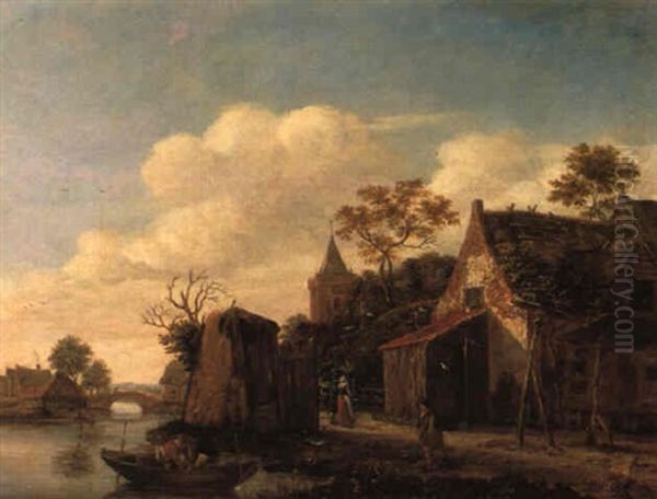 Dorf Mit Kirche An Einem Flus Und Fischern Oil Painting by Emanuel Murant