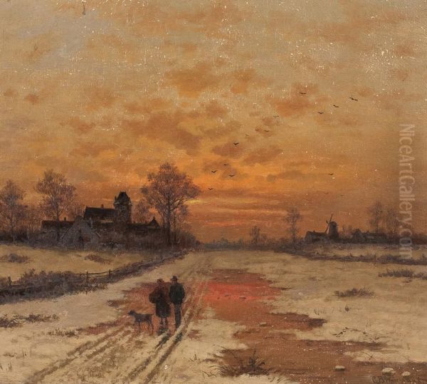 Abendspazierung In Winterlicher Landschaft Oil Painting by Caesar Bimmermann