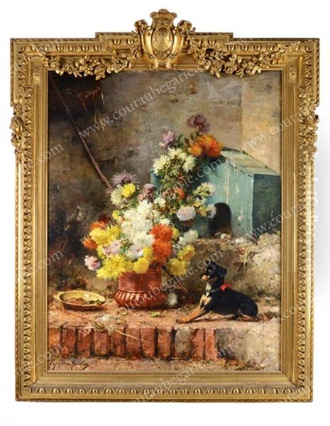 Bouquet De Fleur Et Petit Chien Oil Painting by Euphemie Muraton