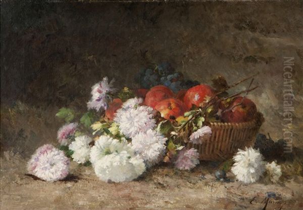 Grapes And Apples In A Wicker Basket, With Chrysanthemums Strewn To The Side Oil Painting by Euphemie Muraton