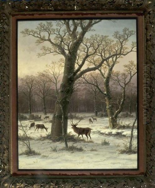 Hirsche Im Winterwald Oil Painting by Caesar Bimmermann