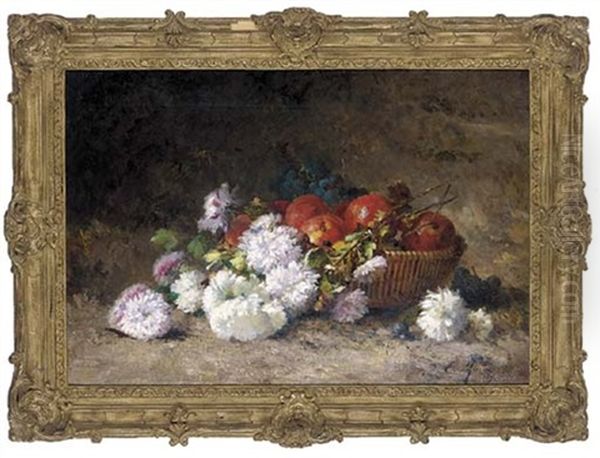 Grapes And Apples In A Wicker Basket, With Chrysanthemums To The Side Oil Painting by Euphemie Muraton