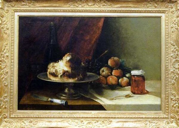 Nature Morte A La Brioche, Bouteille De Champagne, Pot De Confiture Et Peches Oil Painting by Euphemie Muraton