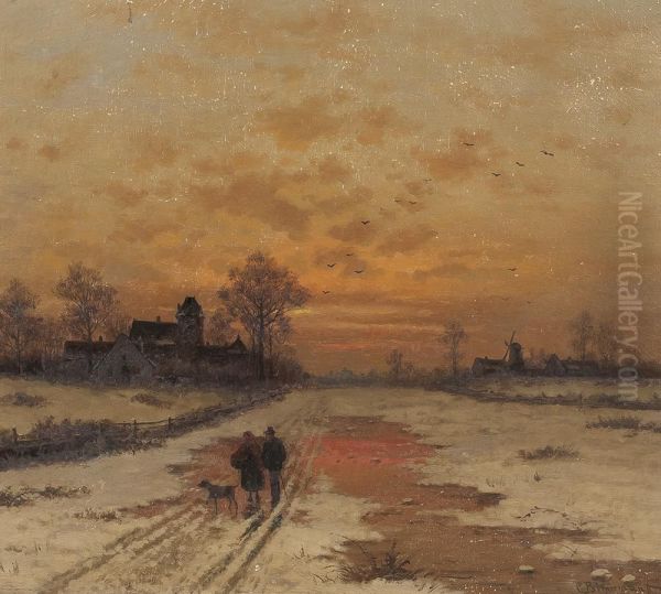 Abendspaziergang In Winterlicher Landschaft Oil Painting by Caesar Bimmermann