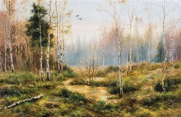 Early Morning - Landscape With Duckes Oil Painting by Vladimir Leodinovitch (Comte de) Muravioff