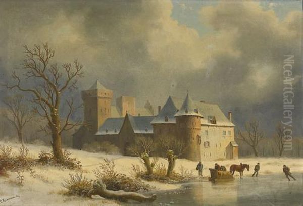 Winterliche Seeuferpartie Mit Schloss Und Figurenstaffage Oil Painting by Caesar Bimmermann