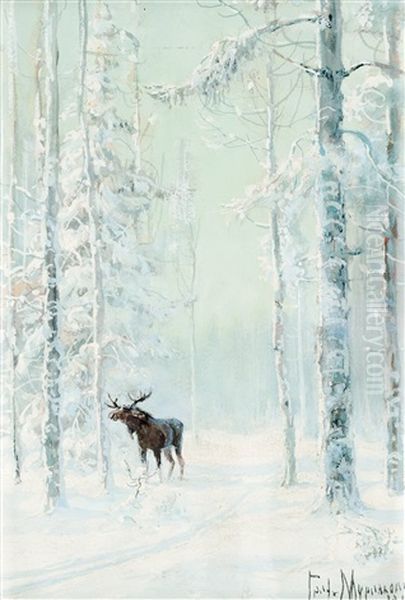 Elk In Cold Winter Landscape Oil Painting by Vladimir Leodinovitch (Comte de) Muravioff