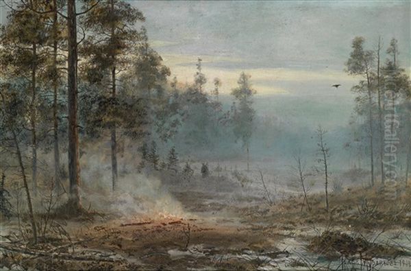 Winter- Feuerstelle Am Waldrand Oil Painting by Vladimir Leodinovitch (Comte de) Muravioff