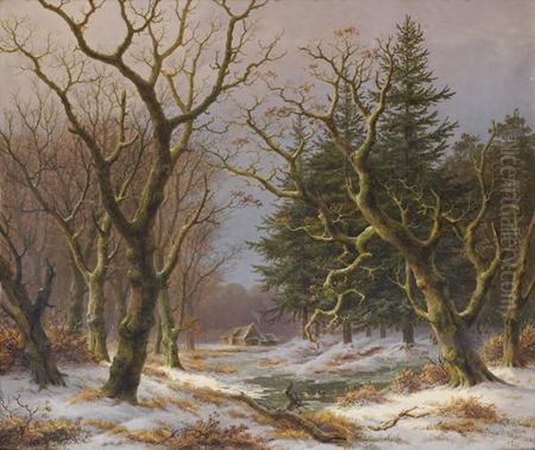 Paysage D'hiver Avec Des Canards Oil Painting by Caesar Bimmermann