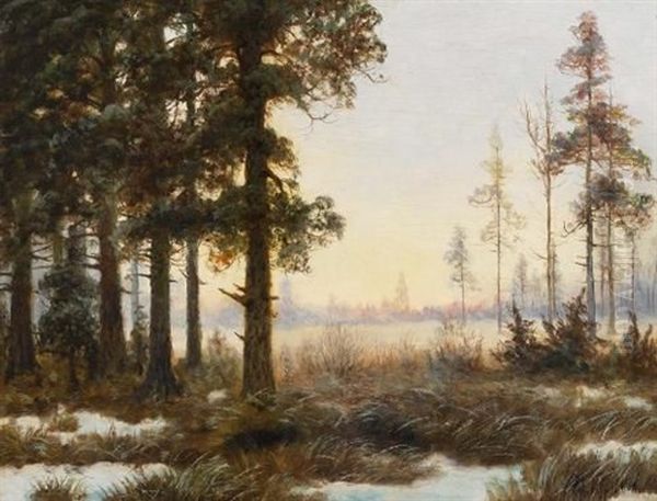 Waldlichtung An Einem Sonnigen Spatwintertag Oil Painting by Vladimir Leodinovitch (Comte de) Muravioff