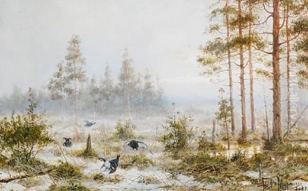 A Grouse Lek Oil Painting by Vladimir Leodinovitch (Comte de) Muravioff