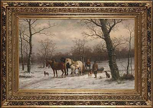 Holzfuhrwerker Und Forsterim Winterwald Oil Painting by Caesar Bimmermann