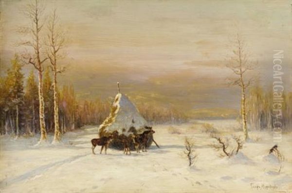 Winter Landscape Oil Painting by Vladimir Leodinovitch (Comte de) Muravioff