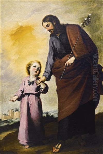 Saint Joseph With The Christ Child Oil Painting by Bartolome Esteban Murillo