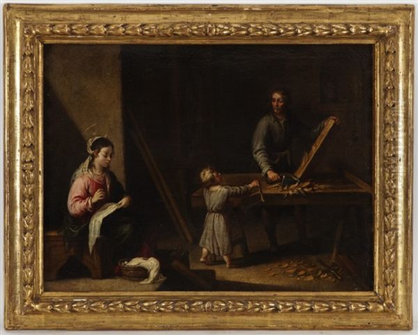 Joseph Charpentier Au Travail Aide Par L'enfant Jesus Sous L'oeil Attentif De Marie Cousant Oil Painting by Bartolome Esteban Murillo