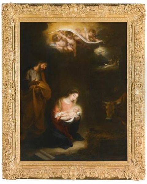 A Nocturnal Scene With The Nativity And The Annunciation To The Shepherds Beyond Oil Painting by Bartolome Esteban Murillo