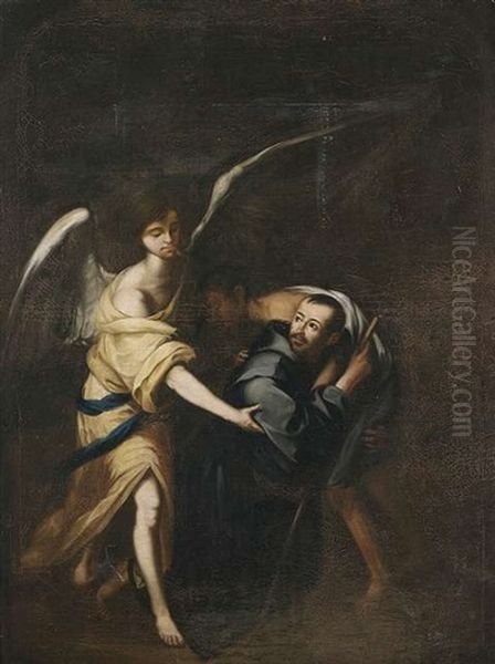 Schutzengelvision. Einem Barmherzigen Bruder, Der Unter Der Last Eines Kranken Fast Zusammenbricht Erscheint Ein Schutzengel, Der Ihn Wieder Aufrichtet Oil Painting by Bartolome Esteban Murillo