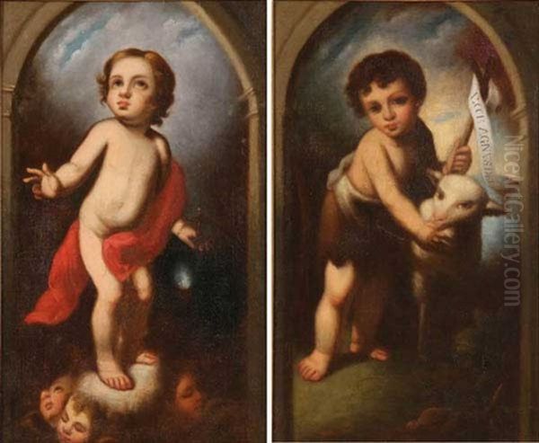 The Infant John The Baptist And The Infant Christ (pair) Oil Painting by Bartolome Esteban Murillo