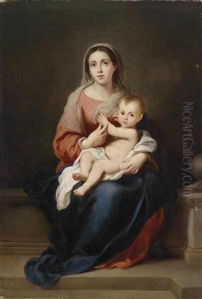 Die Madonna Das Auf Ihrem Schoss Sitzende Kind Haltend Oil Painting by Bartolome Esteban Murillo