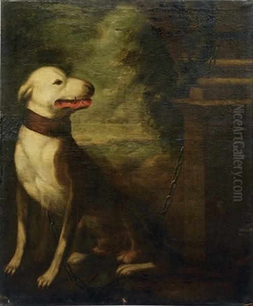 The Hound Of Don Andres De Andrade, Chained To A Plinth, A Landscape Beyond Oil Painting by Bartolome Esteban Murillo