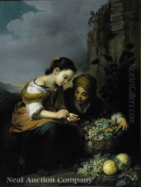 A Young Girl Buying A Basket Of Fruit From An Older Girl Oil Painting by Bartolome Esteban Murillo