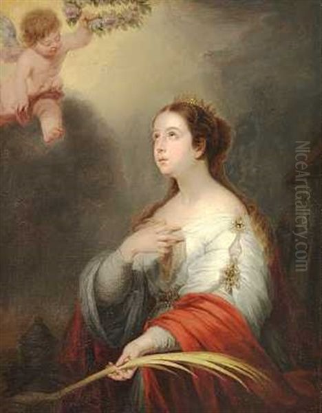 Ung Pige Med En Palmegren Og En Oliekrukke Forstillende En Kvindelig Martyr Eller Helgen Oil Painting by Bartolome Esteban Murillo