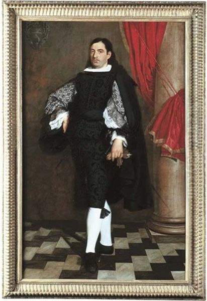 Portrait Of A Nobleman, Full-length, In A Black Doublet And Cloak, Holding Gloves (in Collab. W/studio Of Bartolome Esteban Murillo) Oil Painting by Bartolome Esteban Murillo