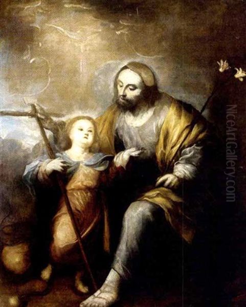 Der Jesusknabe Mit Dem Heiligen Josef In Einer Landschaft Oil Painting by Bartolome Esteban Murillo