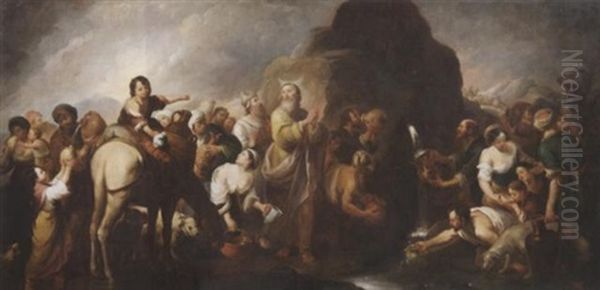 Moses Schlagt Wasser Aus Dem Felsen. Reichfigurige Szene Mit Den Wasserschopfenden Israeliten. In Der Mitte Moses Und Aaron Oil Painting by Bartolome Esteban Murillo