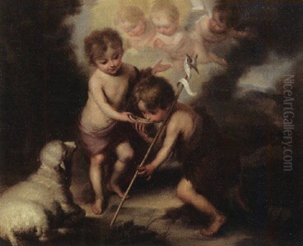 Christ Child And The Infant Saint John The Baptist In A Landscape Oil Painting by Bartolome Esteban Murillo