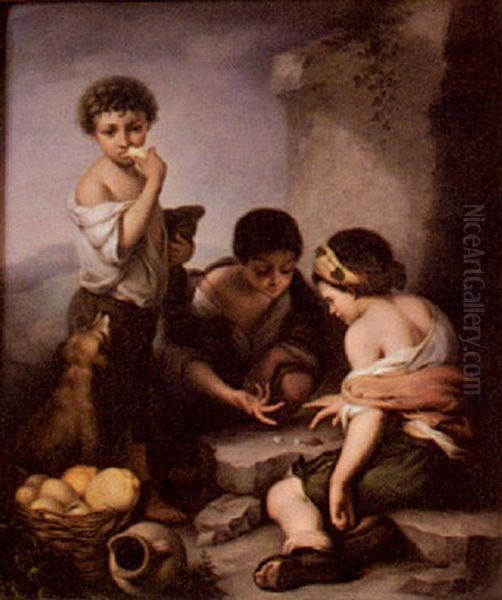 Urchins Gambling On The Steps Of A Ruin, Another Child Eating A Husk Of Bread With A Dog Looking On Oil Painting by Bartolome Esteban Murillo