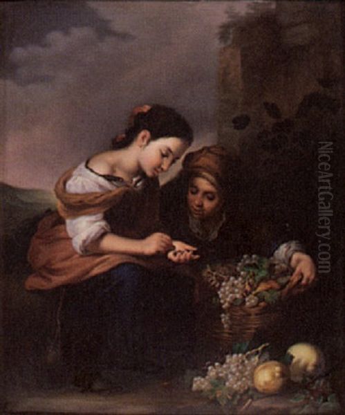 Two Peasant Children Seated Amonst Ruins, Counting The Money They Have Raised From The Sale Of Fruit Oil Painting by Bartolome Esteban Murillo