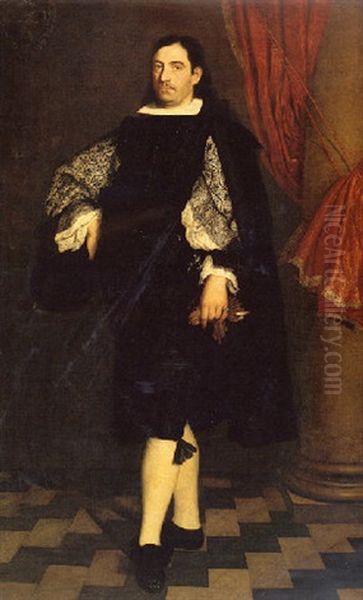 Portrait Of A Gentleman Wearing A Black Doublet And Cloak, Holding Gloves Oil Painting by Bartolome Esteban Murillo