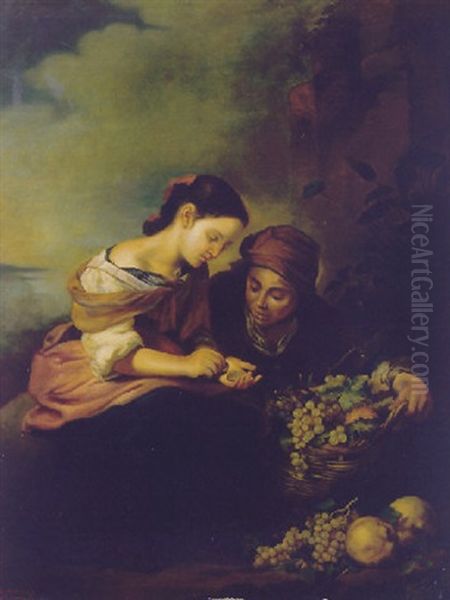 An Old Woman Selling Fruit To A Girl In A Landscape Oil Painting by Bartolome Esteban Murillo