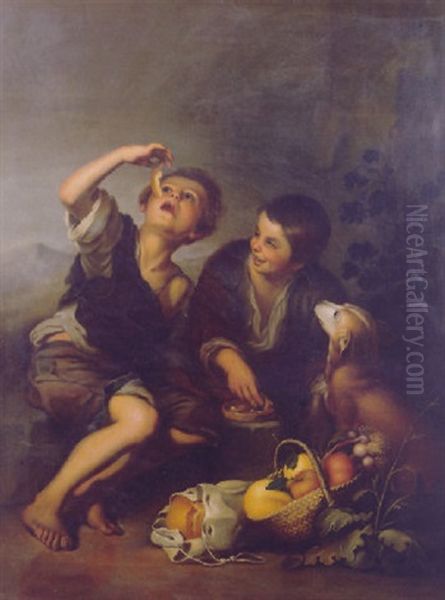 Boys Seated In A Landscape Eating Melon Oil Painting by Bartolome Esteban Murillo