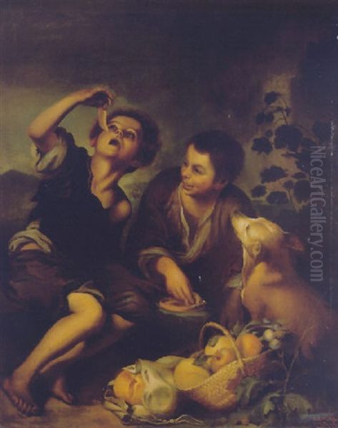 Boys Seated In A Landscape Eating Melon Oil Painting by Bartolome Esteban Murillo