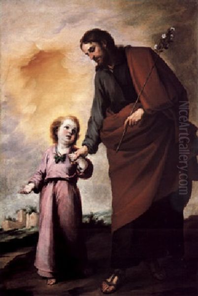 Saint Joseph Holding The Hand Of The Christ Child Oil Painting by Bartolome Esteban Murillo