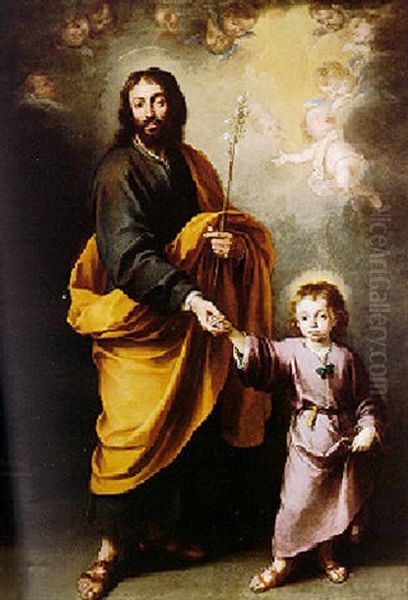 Saint Joseph Taking The Hand Of The Christ Child With A Glory Of Angels Above Oil Painting by Bartolome Esteban Murillo