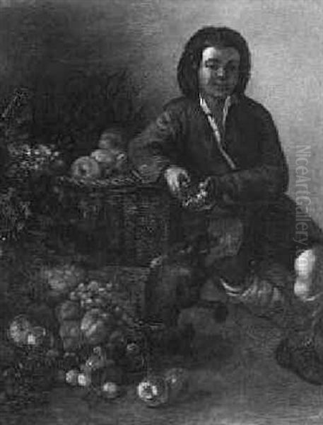 A Boy Holding A Pomegranate Seated Beside A Monkey And A Basket Of Fruit Oil Painting by Bartolome Esteban Murillo