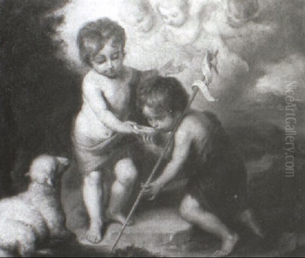 The Christ Child With The Infant St. John The Baptist Drinking From A Shell Oil Painting by Bartolome Esteban Murillo