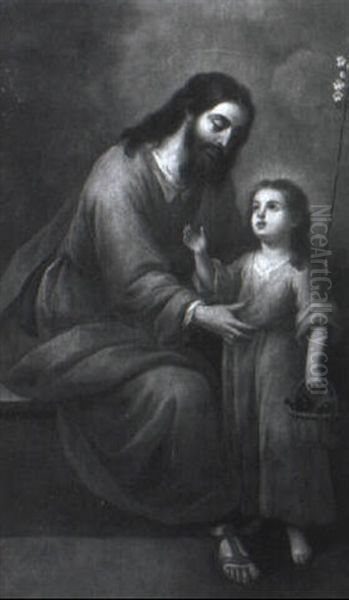 Saint Joseph And Christ Child Holding The Instruments Of The Passion Oil Painting by Bartolome Esteban Murillo