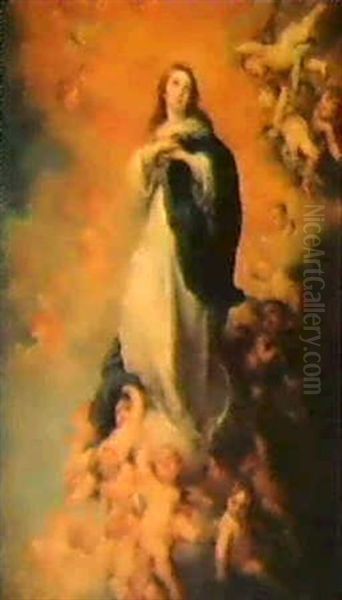 Die Immaculata, Mit Engeln Aufden Wolken Schwebend Oil Painting by Bartolome Esteban Murillo