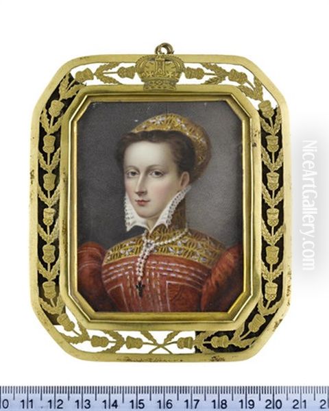 Mary Stuart, Queen Of Scotland, Queen Consort Of France, Wearing Red Dress With Standing Collar Which Frames The High White Ruff Collar Of Her Chemise... Oil Painting by Denis Brownell Murphy