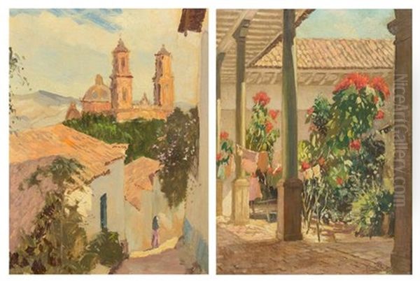 Patio Scene And View Of Taxco (a Pair Of Works) Oil Painting by Hermann Dudley Murphy