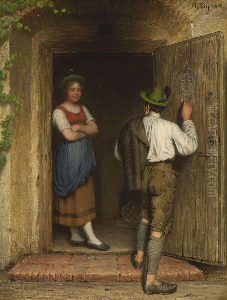 Bursch Und Dirndl An Der Ture Oil Painting by Alois Binder