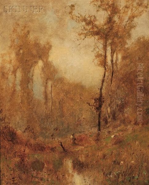 Autumn Landscape With Figure By A Pond Oil Painting by John Francis Murphy