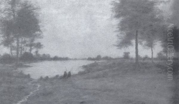 Wooded Landscape With Fisherman by John Francis Murphy