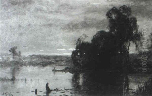 Boater On A Lake, Dusk Oil Painting by John Francis Murphy