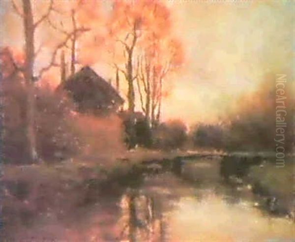 Landscape Scene Of A House Near A River Oil Painting by John Francis Murphy