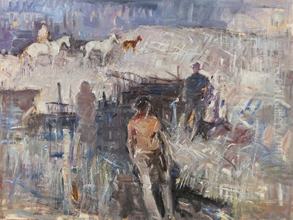 Figures And Horses In A Modernist Landscape Oil Painting by Lawrence Murphy